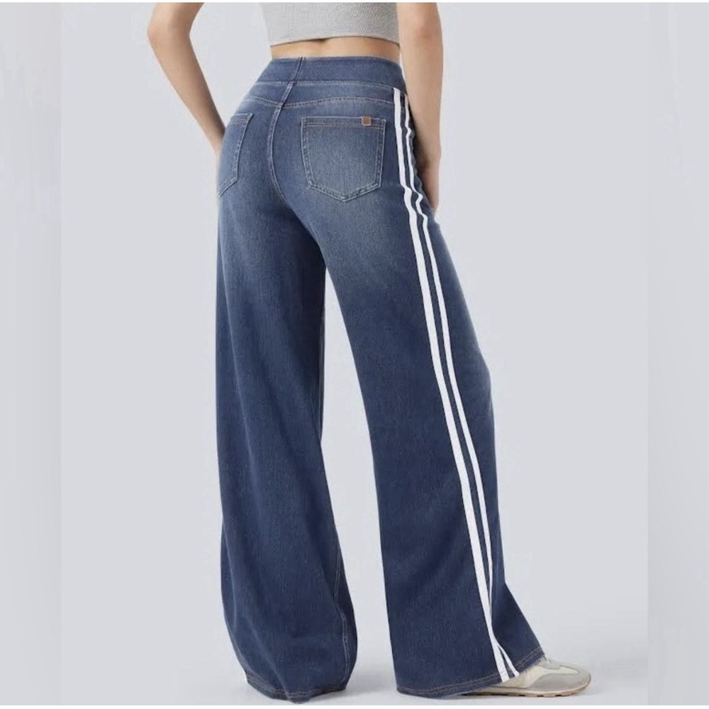 Halara Women's Stretch Lightweight Striped Wide-Leg Dark Wash Denim Jeans Blue S - Picture 2 of 2